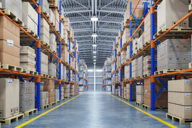Warehouse or storage and shelves with cardboard boxes. Industrial background. 3d illustration